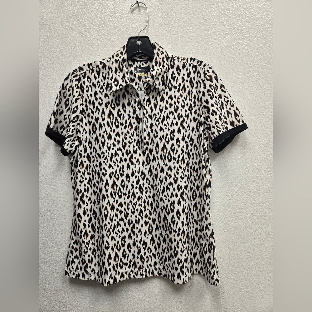 Greg Norman PlayDry Leopard Print Quarter-Zip Top – Women’s Size Medium